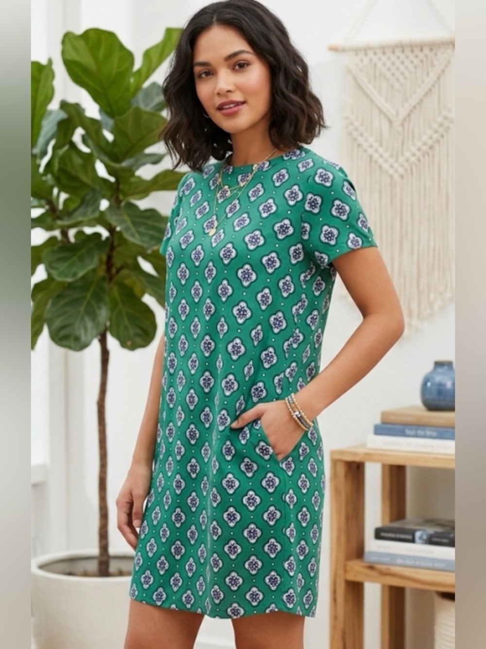 LOFT Green Medallion Tile Shift Dress XS Boho Geo Mod Keyhole XS